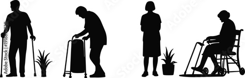 Black silhouettes of elderly people using walkers, canes, and wheelchairs for mobility near potted plants on a clean white background.