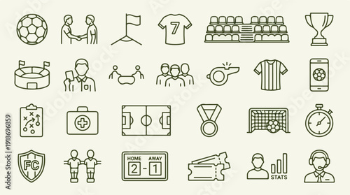 Soccer and Football Line Art Icons Set - Sports Game Elements Collection
