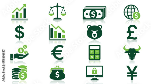 Set of finance and economy icons: money, investment, banking symbols
