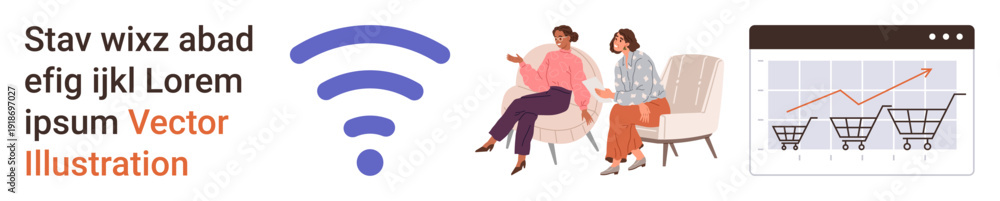 Obraz premium Online communication, internet access, e-commerce, digital trends, web analytics, modern technology. Wireless symbol, two people talking shopping cart graph in a web browser. Online communication