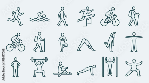 Sport and Fitness Line Icons Set: Exercise, Workout, Active Lifestyle