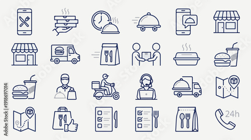 Food Delivery and Takeout Service Line Icons Collection
