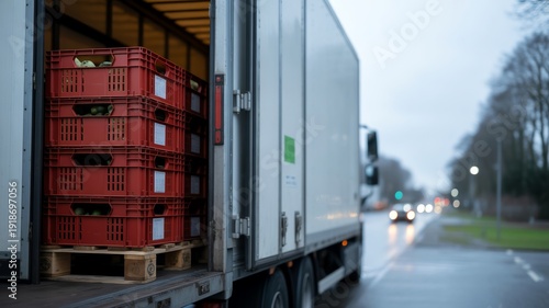 Red plastic crates filled with fresh apples stacked on a pallet inside an open truck trailer, ready for distribution and sale.