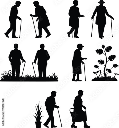 Black silhouette collection of diverse people walking children holding hands person in wheelchair and seniors using walking sticks for community