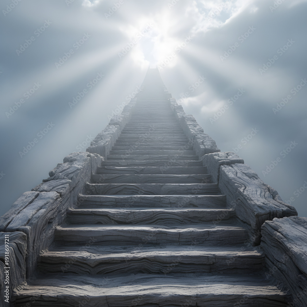 Fototapeta premium Ancient Stone Stairway Ascends Towards Heavenly Divine Light