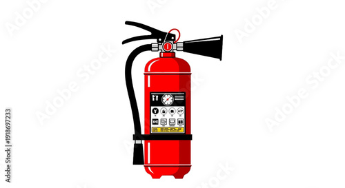 Red fire extinguisher illustration with hose and nozzle on transparent background