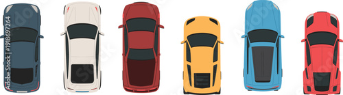 Top view modern car set different colors automobile collection isolated on white background transportation concept flat vector illustration