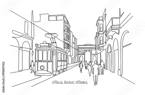 One Continuous Line Drawing of Istiklal Avenue Istanbul with Vintage Tram and Pedestrians