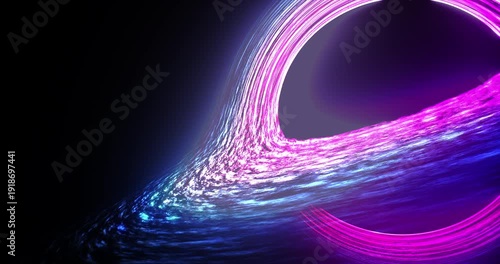 Futuristic neon black hole with purple and blue glowing accretion disk in deep space.