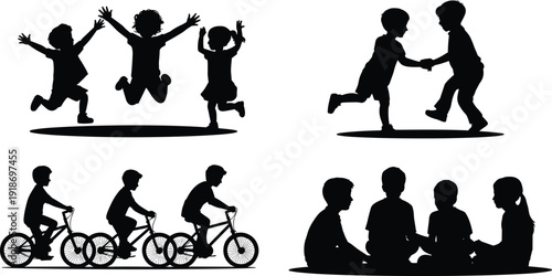 Children silhouettes playing together jumping holding hands cycling and sitting isolated on white background showing friendship childhood lifestyle concept
