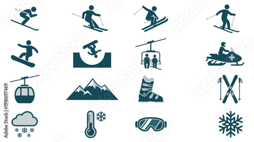 Winter sports and activities icons set with weather symbols