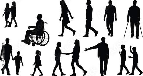 Black silhouette collection of people walking holding hands with children and person in wheelchair or with crutches for inclusive community
