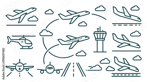 Airport and aviation line icons with planes, helicopter, and control tower