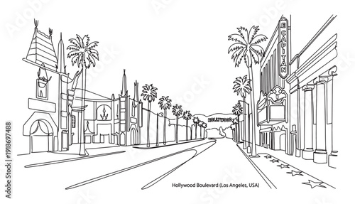 One Continuous Line Drawing of Hollywood Boulevard Los Angeles with Palm Trees and Theaters
