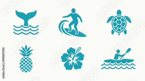 Set of turquoise summer beach and tropical vacation vector icons