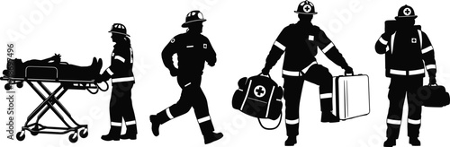 Black Silhouette Vector Illustration of Emergency Medical Services Paramedics and Rescue Team with Stretcher Carrying Medical Bags and Running to Save Lives Scene