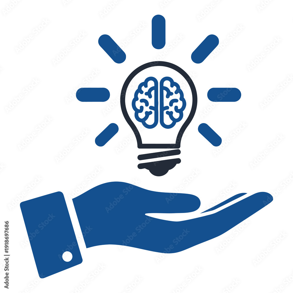 Fototapeta premium Blue hand holding light bulb with brain inside business concept icon