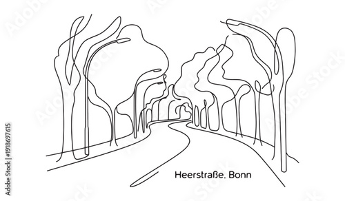 Heerstrasse in Bonn Germany featuring tree-lined architecture and classic facades in a modern one line drawing.