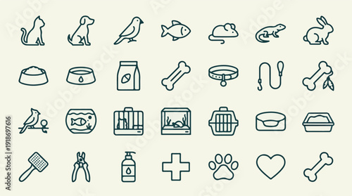 Set of various pet animals and care accessories outline icons