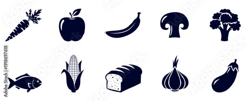 Collection of various food icons in black silhouette