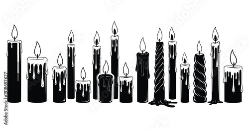 Black and White Vector Illustration of Various Burning Candles with Melting Wax Hand Drawn Sketch Style Design Elements Isolated on White Background