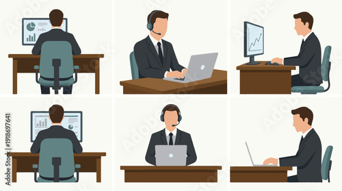 Professional businessmen working at desks with computers and headsets