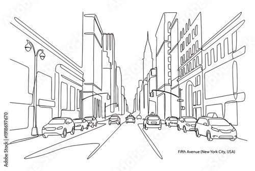 Modern Fifth Avenue New York City street scene with skyscrapers and traffic in a minimalist one continuous line drawing.