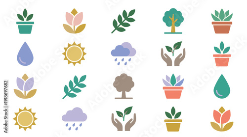 Set of Nature and Environment Icons with Plants, Trees, Weather Elements