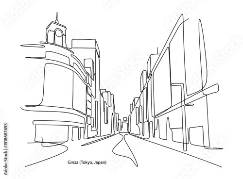 Tableau sur toile Ginza Tokyo Japan modern city intersection with luxury retail buildings in a minimalist single line drawing style