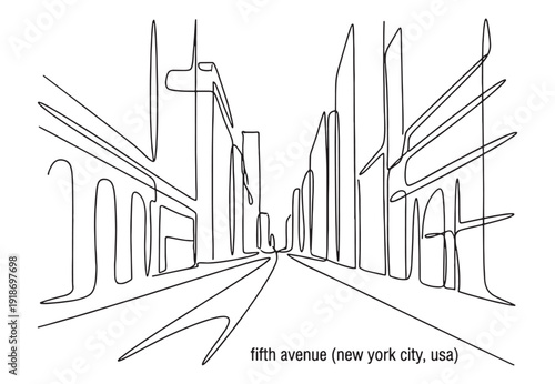 Modern Fifth Avenue New York City street scene with skyscrapers and traffic in a minimalist one continuous line drawing.