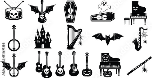Black Halloween musical instrument icons set featuring spooky guitar skull drums haunted piano banjo cello in coffin and bat wings silhouettes for horror party design