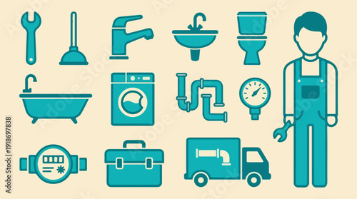 Plumber tools, household appliances, and service vector icon set