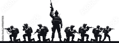 Military Soldier Silhouette Set with Armed Infantry Squad and Special Forces Unit Isolated on White Background for Army Defense War and Combat Mission Concept