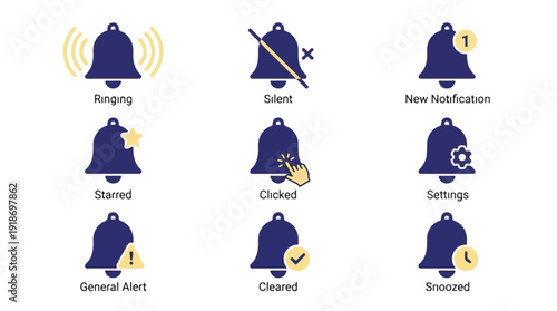 Notification bell icon set representing various status alerts and interactions