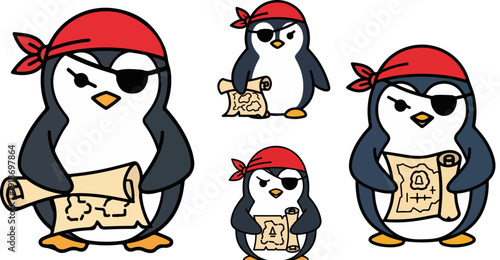Five cartoon pirate penguins with eye patches and red bandanas holding treasure maps. Created in a cute hand-drawn vector style with a simple color palette, isolated on a transparent background.