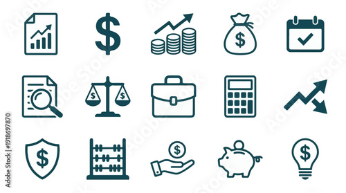 Finance and Business Icon Set: Money, Growth, Planning & Management Symbols