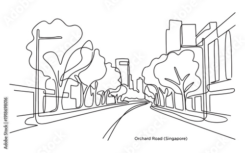 Billede på lærred Continuous line drawing of Singapore's Orchard Road streetscape featuring trees and modern buildings