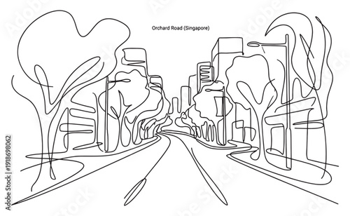 Continuous line drawing of Singapore's Orchard Road streetscape featuring trees and modern buildings.