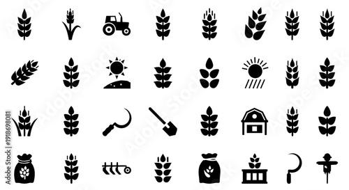 Farm and Agriculture Icons Vector Set Crop Wheat Tractor Harvest Symbols