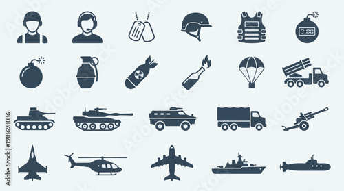 Military and Warfare Icons Set: Soldiers, Vehicles, and Weapons
