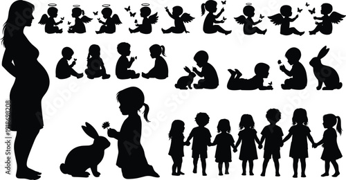 Mega collection of black silhouettes featuring a pregnant woman angels toddlers playing with bunnies and children holding hands for family and motherhood design projects