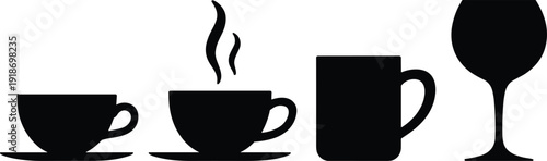 Black silhouette coffee cup tea cup mug and wine glass set isolated on white background minimal drink icon collection