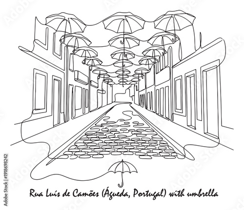 Famous umbrella street in Agueda Portugal featuring floating umbrellas in a minimalist continuous line art drawing.