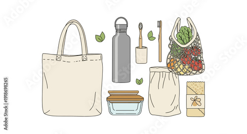 A collection of reusable items for a sustainable lifestyle, including a tote bag, water bottle, food containers, and produce bags.