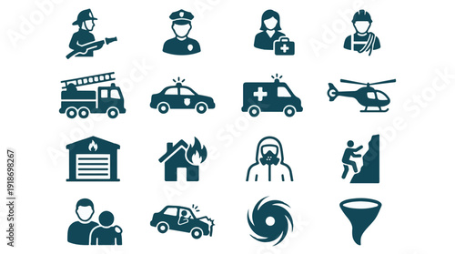 Emergency Services and Disaster Relief Icons Set