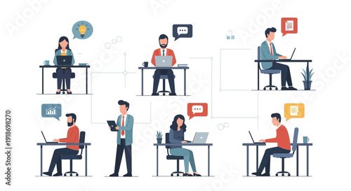 Diverse group of professionals collaborating and working remotely on laptops and tablets in a modern office setting.