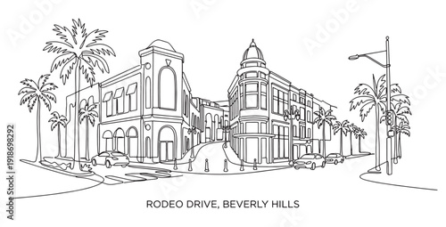Luxury shopping at Rodeo Drive in Beverly Hills Los Angeles featuring palm trees and high-end storefronts in continuous line art.