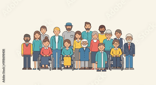 A diverse group of people of various ages and abilities, including individuals in wheelchairs, standing together.