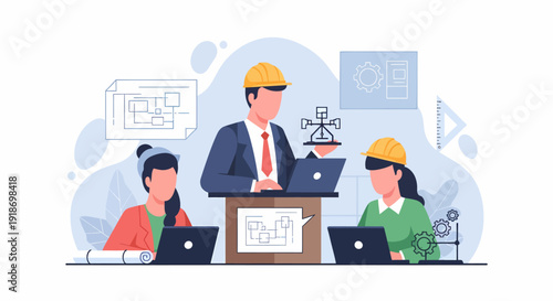 Architects and engineers collaborating on a construction project design.