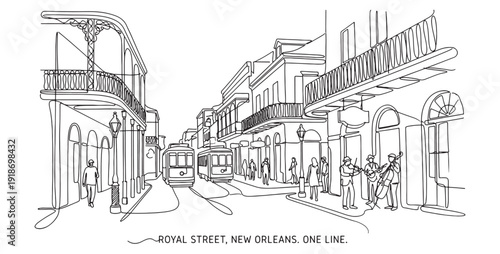 Historic Royal Street in New Orleans French Quarter featuring wrought iron balconies and street musicians in continuous line art.
